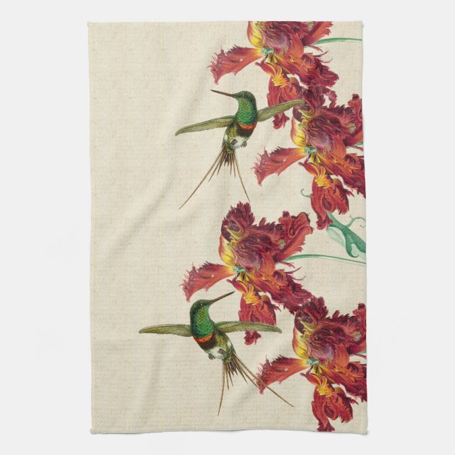 Hummingbird Birds Tulip Flowers Kitchen Towel (Vertical)