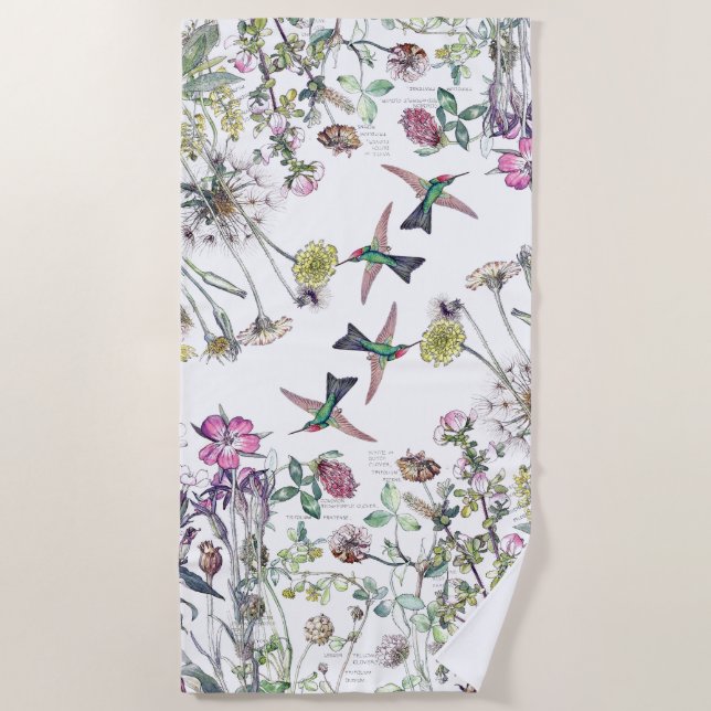 Hummingbird Birds Wildflower Flowers Beach Towel (Front)