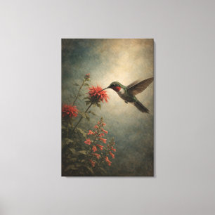 Hummingbird Bloom   Floral Bird Print   Stretched
