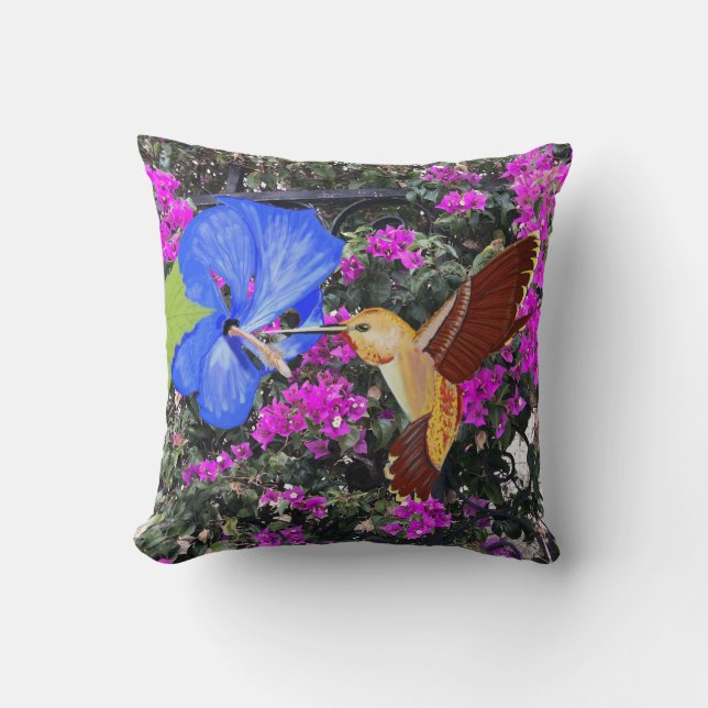 Hummingbird, Blue Hibiscus, & Bougainvillea Cushion (Front)