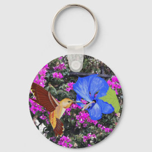 Hummingbird, Blue Hibiscus, & Bougainvillea Key Ring