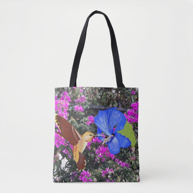 Hummingbird, Blue Hibiscus, & Bougainvillea Tote Bag (Front)
