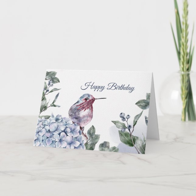 Hummingbird Blue Hydrangea Watercolor Birthday Card (Front)