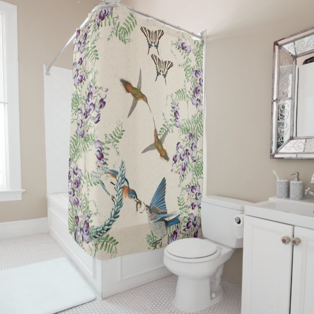Hummingbird Bluebird Butterfly Vine Shower Curtain (In Situ)