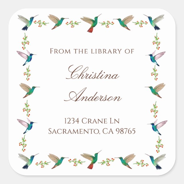 Hummingbird Bookplate Square Sticker (Front)