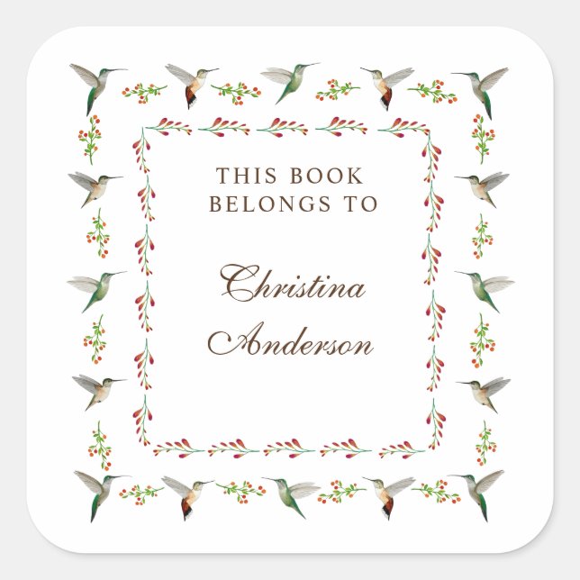  Hummingbird Bookplate Square Sticker (Front)