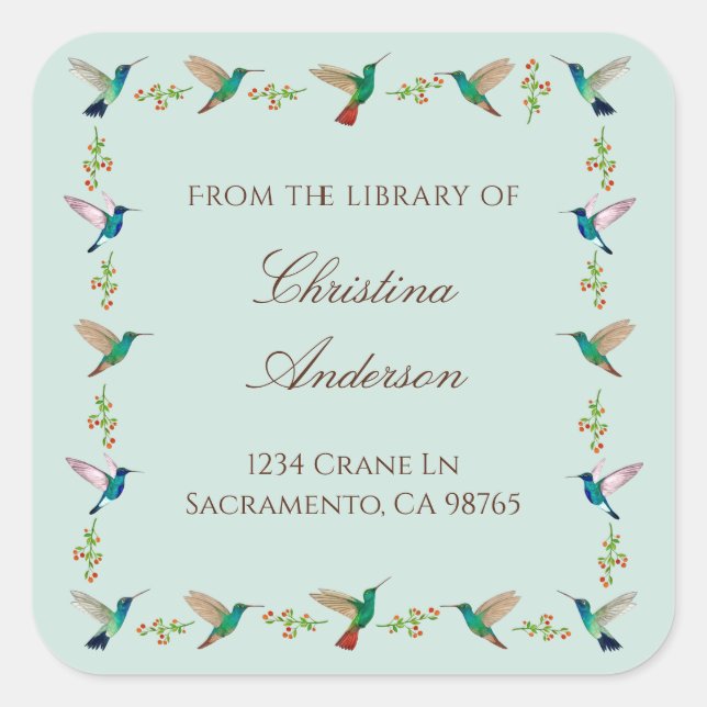 Hummingbird Bookplate Square Sticker (Front)