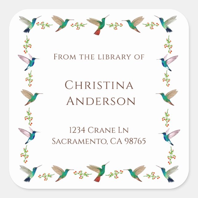 Hummingbird Bookplate Square Sticker (Front)