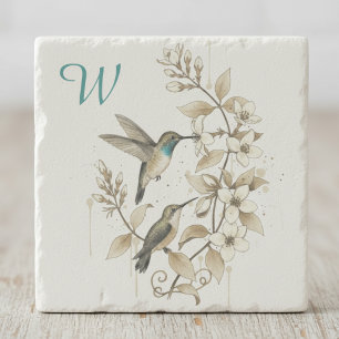 Hummingbird botanical teal watercolor stone coaster