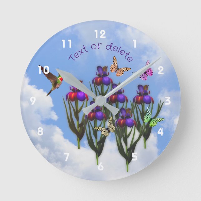 Hummingbird Butterflies Iris Flowers Personalised  Round Clock (Front)