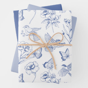 Hummingbird & Butterfly Floral Toile Blue Wrapping Paper Sheet