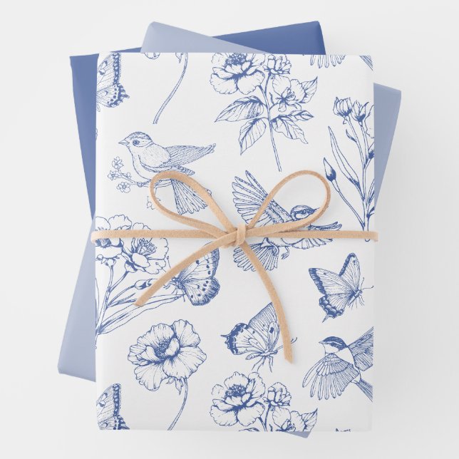 Hummingbird & Butterfly Floral Toile Blue Wrapping Wrapping Paper Sheet (In situ)