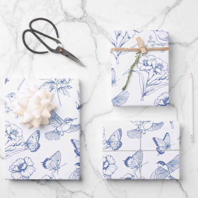 Hummingbird & Butterfly Floral Toile Blue Wrapping Wrapping Paper Sheet (Front)