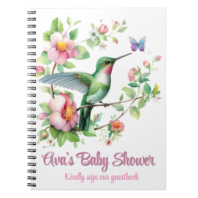 Hummingbird & Butterfly Girl Baby Shower Guestbook Notebook (Front)