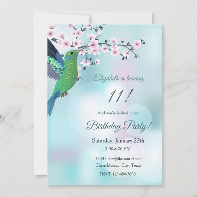 Hummingbird Cherry Blossom Birthday Invitation (Front)