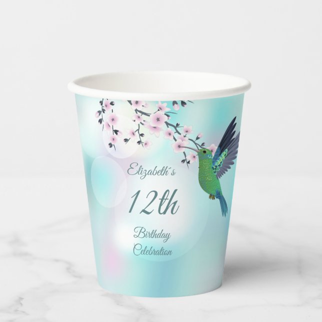 Hummingbird Cherry Blossom | Girl´s Birthday Paper Cups (Front)
