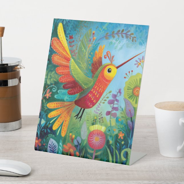 Hummingbird colourful artwork pedestal sign (In SItu)