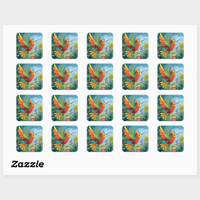 Hummingbird colourful artwork square sticker (Sheet)