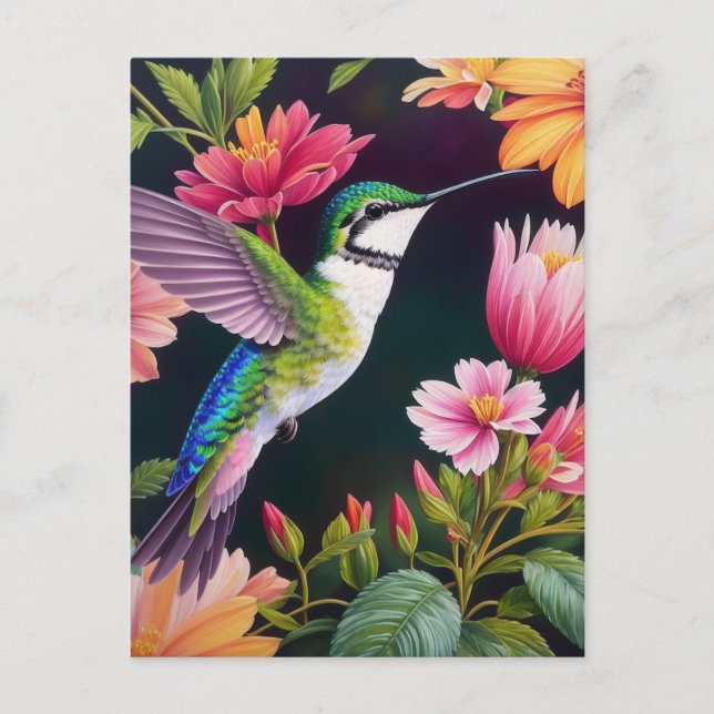 Hummingbird Colourful Floral Painting Postcard (Front)