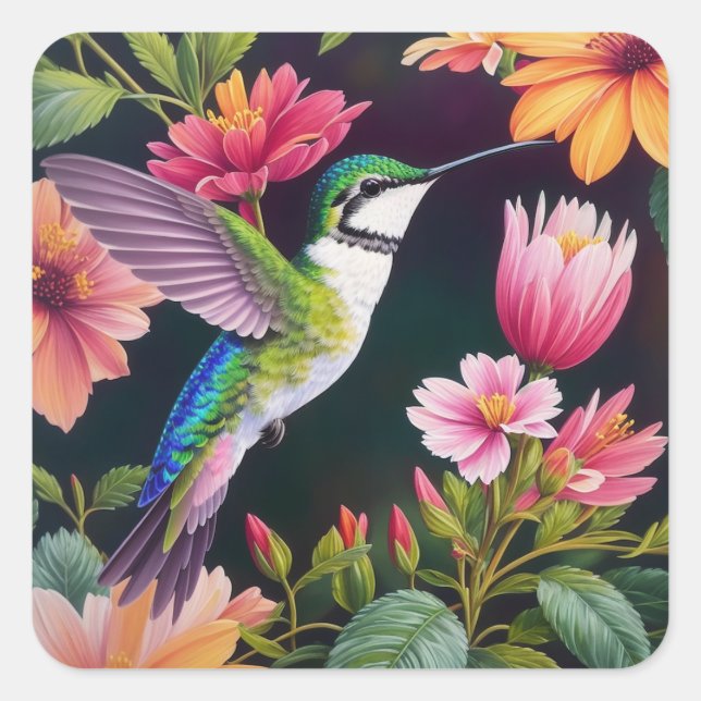 Hummingbird Colourful Floral Painting Square Sticker (Front)