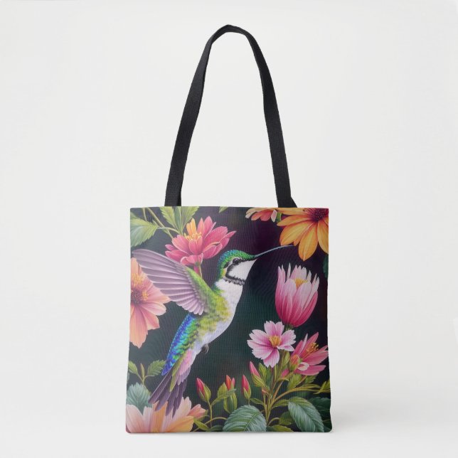 Hummingbird Colourful Floral Tote Bag (Front)