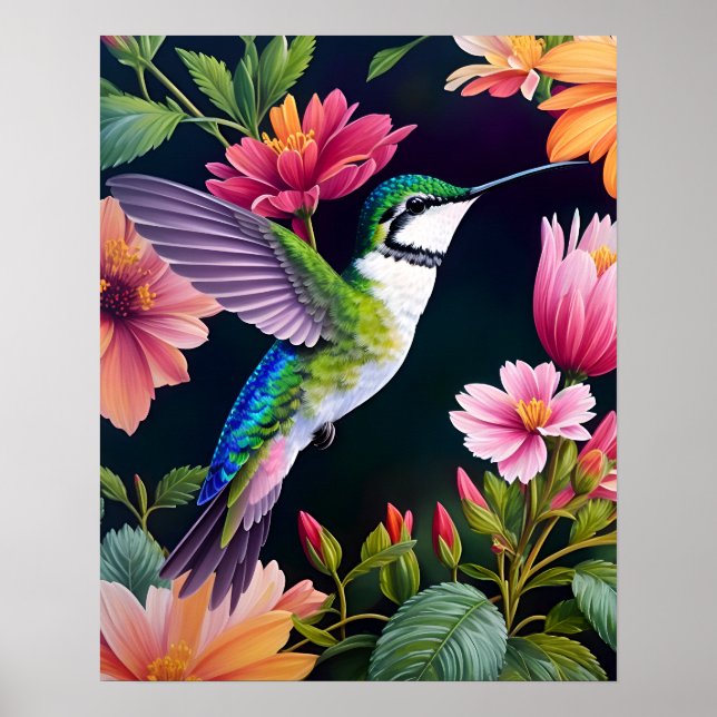 Hummingbird Colourful Flowers Art Poster (Front)