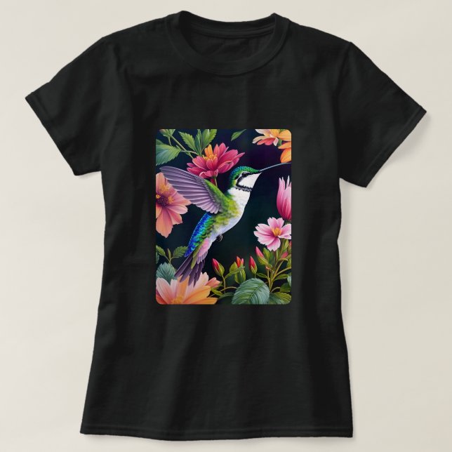 Hummingbird Colourful Flowers Art T-Shirt (Design Front)