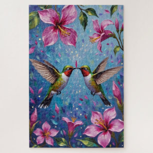 Hummingbird Couple Iridescent Flower Love Jigsaw Puzzle