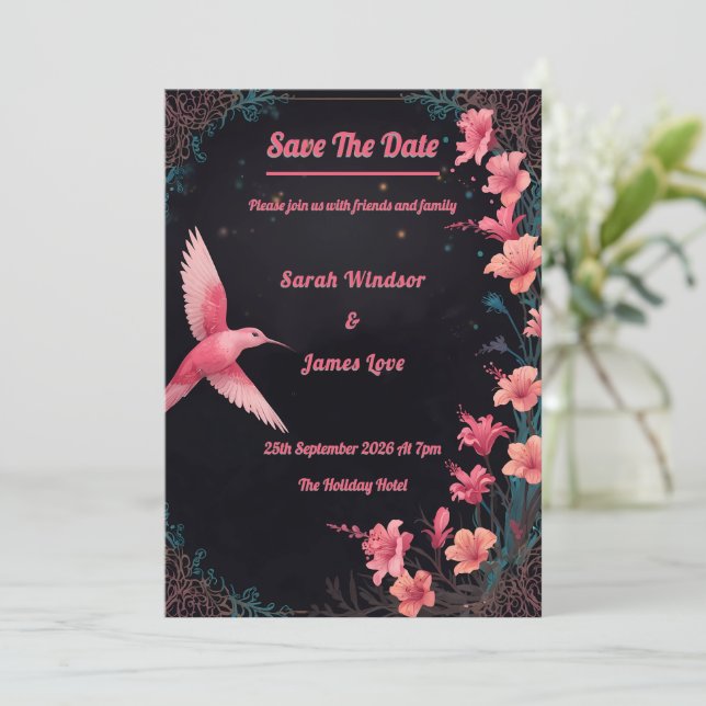 Hummingbird Dark Botanical Theme Invitation (Standing Front)
