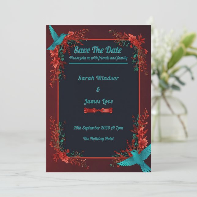Hummingbird Dark Botanical Theme Invitation (Standing Front)