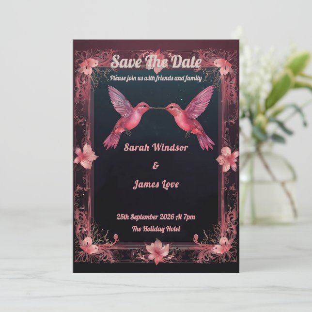Hummingbird Dark Botanical Theme Invitation (Standing Front)
