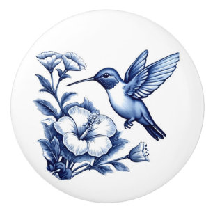 Hummingbird Delft Blue and White Bird Ceramic Knob