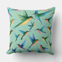 Hummingbird Design Colourful Green Throw Pillow