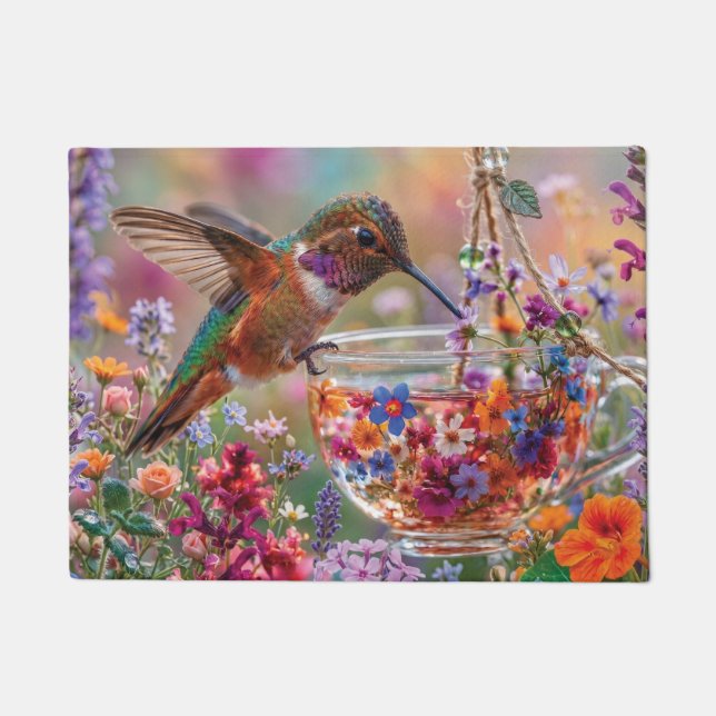 Hummingbird Drinking Nectar from Floral Teacup Doormat (Front)