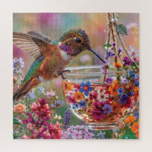 Hummingbird Drinking Nectar from Floral Teacup Jigsaw Puzzle