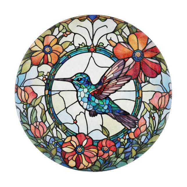 Hummingbird Faux Stained Glass Bird Cutting Board (Front)