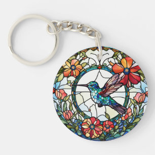 Hummingbird Faux Stained Glass Bird Key Ring