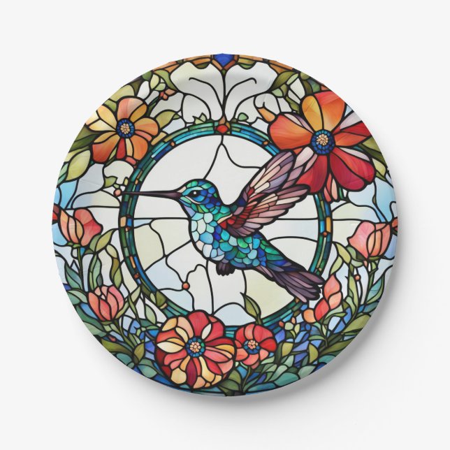 Hummingbird Faux Stained Glass Bird Paper Plate (Front)