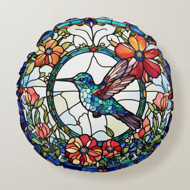 Hummingbird Faux Stained Glass Bird Round Cushion (Front)