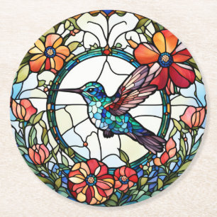 Hummingbird Faux Stained Glass Bird Round Paper Coaster