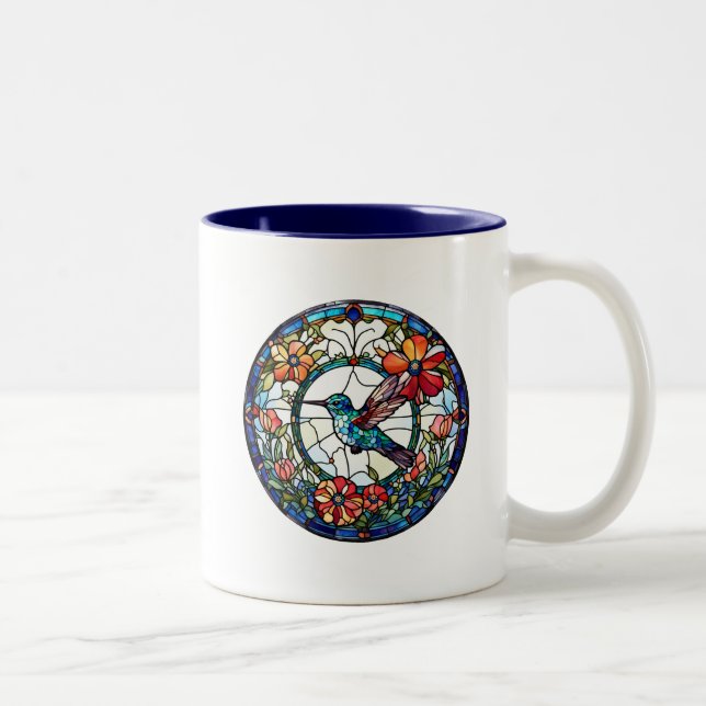 Hummingbird Faux Stained Glass Bird Two-Tone Coffee Mug (Right)