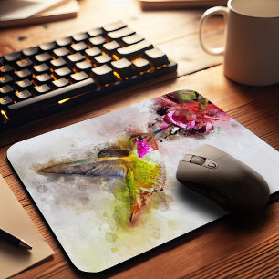 Hummingbird Feeding on Pink Flower Watercolor Mouse Mat