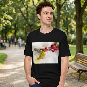 Hummingbird Feeding on Pink Flower Watercolor T-Shirt