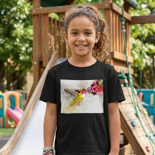 Hummingbird Feeding on Pink Flower Watercolor T-Shirt