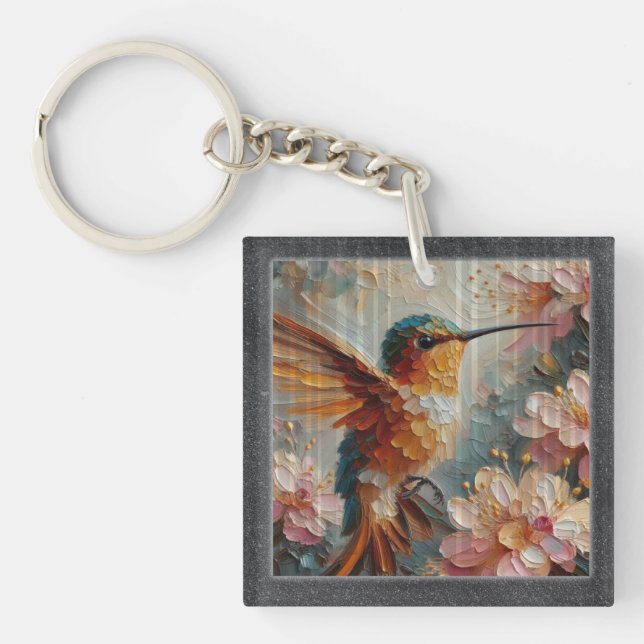 Hummingbird & Floral Art Acrylic Keychain – Textur (Front)