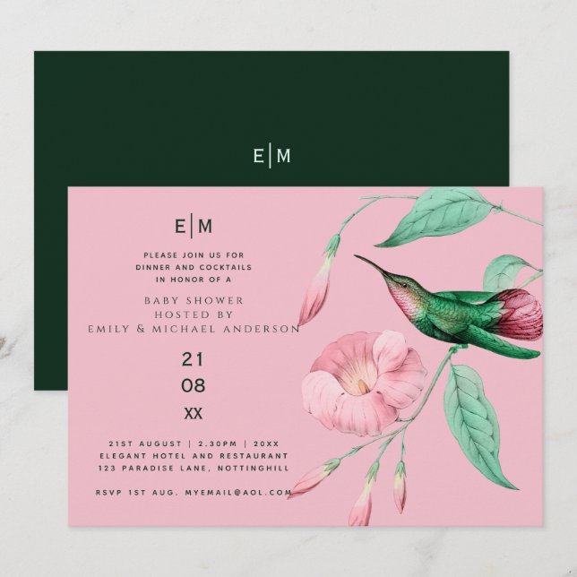 Hummingbird Floral Baby Couples Shower Modern Invitation (Front/Back)