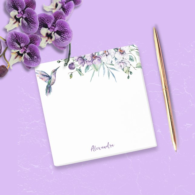 Hummingbird Floral Custom Text Post-it Notes (Treat yourself or someone special to these pretty hummingbird and floral sticky notes.)