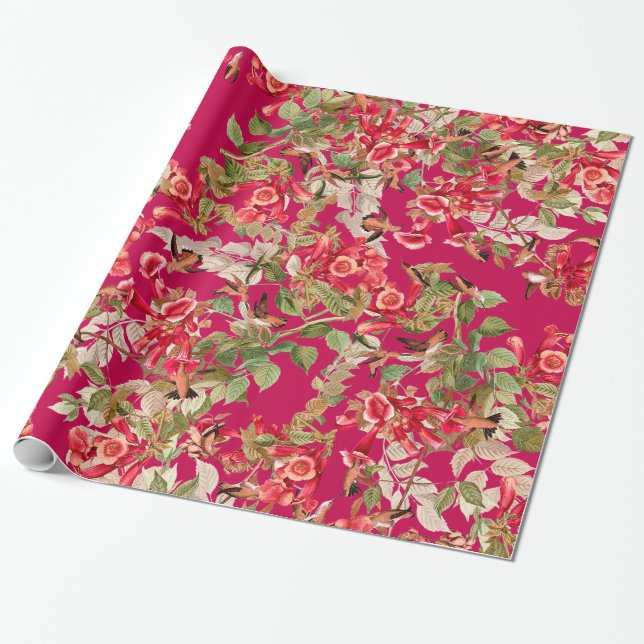 Hummingbird Floral Garden Flowers Wrapping Paper (Unrolled)