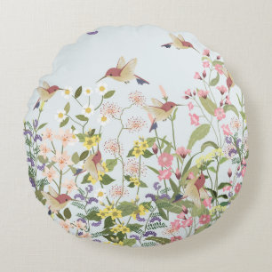 Hummingbird Floral Garden Vintage Illustration Round Cushion