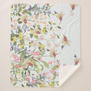 Hummingbird Floral Garden Vintage Illustration Sherpa Blanket